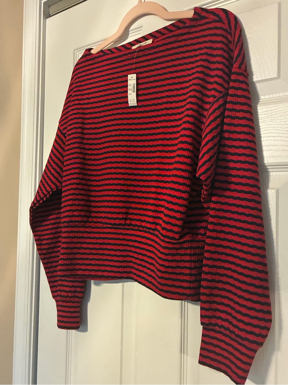 Madewell Textural Stitch Boatneck Top Boxy Striped Red Long Sleeve Shirt XS NWT